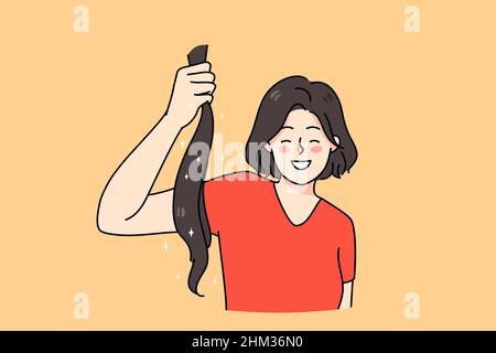 Sorridente giovane donna tenere ponytail fare la donazione di capelli alle persone bisognose. Felice femmina volontario donare capelli sani per parrucche. Illustrazione vettoriale piatta, carattere cartoon. Illustrazione Vettoriale