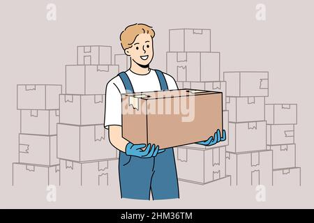 Consegna pacchi e concetto di servizio postale. Uomo sorridente lavoratore in uniforme in piedi con un mucchio di pacchi scatole trasporto di consegna trasporto al cliente vettore illustrazione Illustrazione Vettoriale