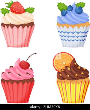 Cupcake cartoni animati dal gusto diverso. Muffin alla vaniglia e al cioccolato con diverse sfumature come fragole, mirtillo, ciliegia e decorazioni arancioni. Yummy pasticceria alimentare per festa festa vettore set Illustrazione Vettoriale