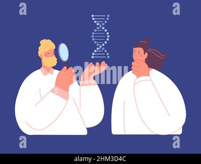 Gli scienziati ricercarano la spirale del DNA. Genetica e chimica, biologia molecolare umana. Visita medica, due personaggi vettoriali premurosi Illustrazione Vettoriale