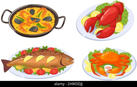 Cartoon piatti di pesce. Aragosta, granchio, pesce al forno e paella con gamberi, cozze. Cibo delizioso per il menu del ristorante o del caffè. Gamberi con set vettore di fette di limone. Sano piatto di lusso Illustrazione Vettoriale