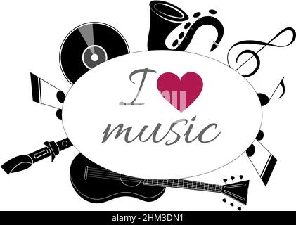 Strumenti musicali su sfondo bianco con cuore rosso. Poster musicale per il tuo design. Illustrazione vettoriale dello sfondo musicale. EPS10 Illustrazione Vettoriale