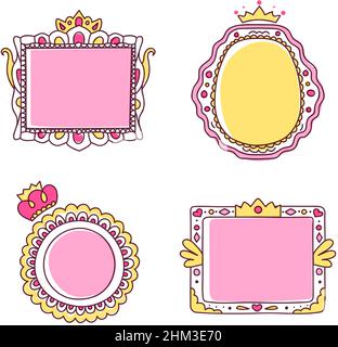 Cute cornici princess rosa disegnate a mano. Specchio di confine con corona o tiara per la famiglia reale. Cornice fotografica girlish per bambino o bambino. Set di vettori isolati con struttura ovale, quadrata e circolare Illustrazione Vettoriale