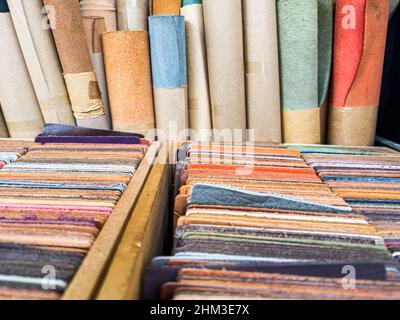 Primo piano di campioni di pelle in diverse variazioni di colore in un negozio di cuoio artigianale campioni di pelle in diverse variazioni di colore in una pelle artigianale Foto Stock