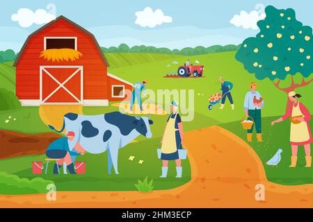 Agricoltori sul lavoro, personaggi che alimentano galline e raccolgono uova. Donne mungendo mucca e portando secchi. Carriola di supporto con mele. Uomo sul trattore che coltiva illustrazione vettoriale Illustrazione Vettoriale