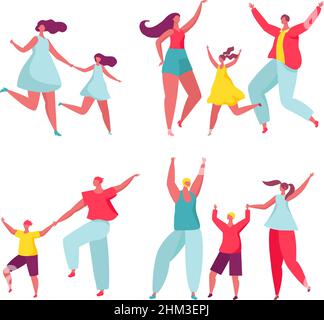 Buon ballo di famiglia. Bambini e genitori trascorrono il loro tempo insieme. Madre, padre, figlio e figlia che si esibiscono a ballare, divertendo a festa. Cartoon cheerful caratteri moving vettore Illustrazione Vettoriale