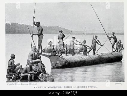 Andamanesi che spara una tartaruga le Isole Andamane sono un arcipelago nel nord-est dell'Oceano Indiano a circa 130 km (81 mi) a sud-ovest al largo delle coste della regione Ayeyarwady del Myanmar. Insieme alle isole Nicobare a sud, le Andamane fungono da confine marittimo tra la baia del Bengala ad ovest e il mare delle Andamane ad est. La maggior parte delle isole fanno parte delle Isole Andamane e Nicobare, un territorio dell'Unione dell'India, mentre le Isole Coco e Preparis fanno parte della regione di Yangon in Myanmar. Le Isole Andamane ospitano le Andamane, un gruppo di popolazioni indigene Foto Stock