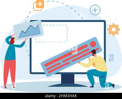 Programmatori al lavoro. Persone che lavorano sullo sviluppo di siti web. Uomo e donna che progettano l'interfaccia sullo schermo del computer desktop. I dipendenti programmano o codificano software nel vettore del lavoro di squadra Illustrazione Vettoriale