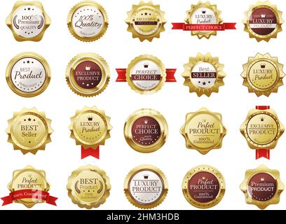 Emblemi di alta qualità. Etichetta esclusiva di lusso per il marchio del prodotto per il negozio al dettaglio. Medaglia d'oro Best seller con stelle premio. Timbri realistici con nastri rossi per il set di vettori isolati di memorizzazione Illustrazione Vettoriale