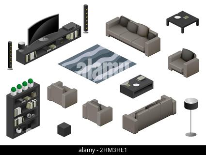 Isometrics dei mobili di soggiorno. Progetto in grafica vettoriale Illustrazione Vettoriale