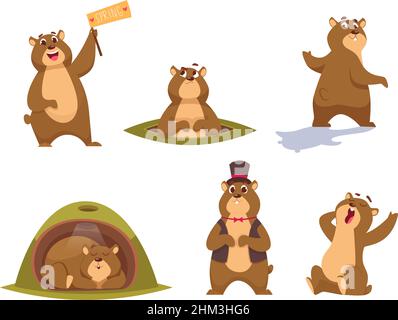 Groundhog. Jolly divertente animale simboli di Groundhog giorno tempo loop caratteri vettore esatto illustrazioni piatte in stile cartoon Illustrazione Vettoriale