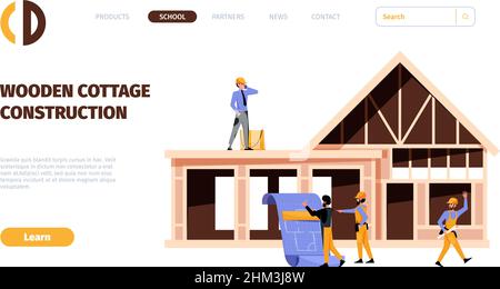 Atterraggio dei processi di costruzione. Moderne fasi di costruzione esterna dei villaggi garish modelli vettoriali di pagina web con posto per il testo Illustrazione Vettoriale