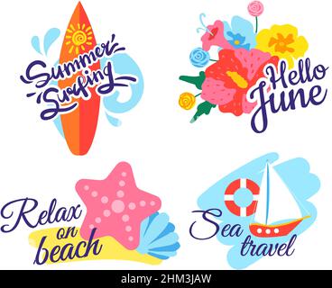 Scritta estiva. Concetto di vacanza, surf con onde d'acqua, Ciao giugno con bellissimi fiori. Rilassatevi sull'etichetta della spiaggia con stelle marine e conchiglie. Badge da viaggio in mare con barca a vela e set vettoriale ad anello Illustrazione Vettoriale