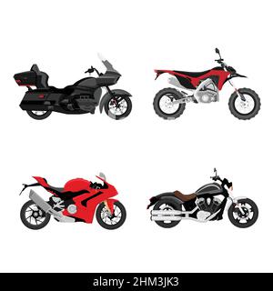 Set moto. Motociclette, biciclette e trinciatori. Speed RACE e veicoli retrò vettore mototrasporto dettaglio sport strada moto collezione Illustrazione Vettoriale