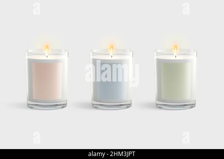 Candela bianca vuota in vaso di vetro con etichetta colorata mockup Foto Stock