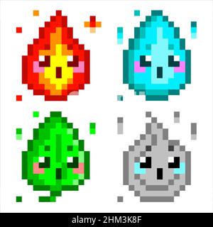 Natura elementals vettore pixel art. Quattro elementi classici - terra, acqua, aria, fuoco. Icone di disegno del gioco cute Illustrazione Vettoriale