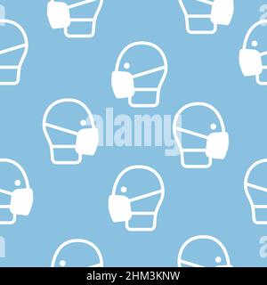 Modello senza cuciture con maschere mediche su sfondo blu. Vettore Illustrazione Vettoriale