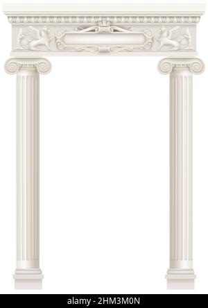 Antico colonnato bianco con colonne ioniche. Tre ingressi ad arco o nicchia. Grafica vettoriale Illustrazione Vettoriale