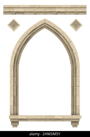 Grafica vettoriale. Modello su sfondo bianco. Applicazione per facciate. Pietra beige antico castello gotico o arco tempio Illustrazione Vettoriale