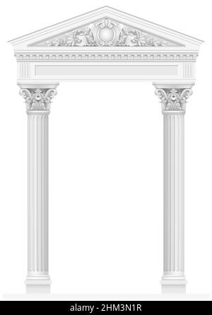 Antico colonnato bianco con colonne ioniche. Tre ingressi ad arco o nicchia. Grafica vettoriale Illustrazione Vettoriale