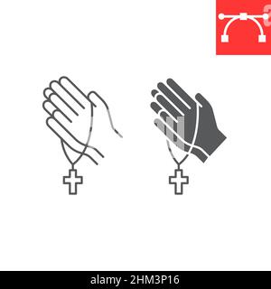 Icona di linea di preghiera e glifo, speranza e cristianesimo, mani di preghiera con icona vettoriale rosario, grafica vettoriale, segno di contorno del tratto modificabile, eps 10. Illustrazione Vettoriale