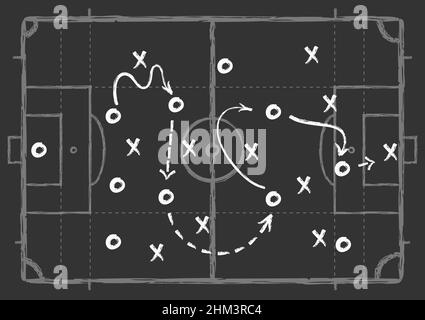 Schema di gioco di calcio. Lavagna a gesso di calcio, strategia tattica della squadra di difesa. Programma di gioco di sport, disegno strategico di addestramento del coach, vettore decent Illustrazione Vettoriale