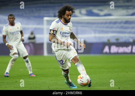 Marcelo Vieira da Silva del Real Madrid durante il campionato spagnolo la Liga partita di calcio tra Real Madrid e Granada CF il 6 febbraio 2022 allo stadio Santiago Bernabeu di Madrid, Spagna - Foto: IRH/DPPI/LiveMedia Foto Stock