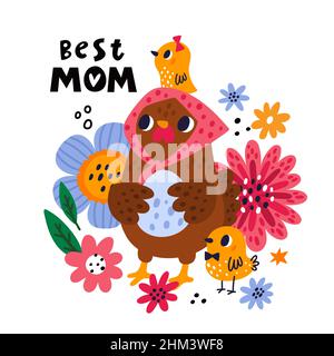 Giorno delle madri dei polli. Piccoli pulcini con divertente gallina mamma. Uccello che tiene l'uovo. Fiori e piante. Cartoon biglietto d'auguri. Personaggi di pollame. Nazionale Illustrazione Vettoriale