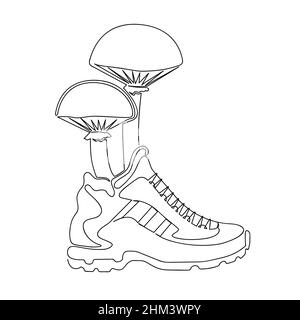 I funghi crescono dalle scarpe da running. Tracciata con una linea continua. Illustrazione del vettore di scorta Illustrazione Vettoriale