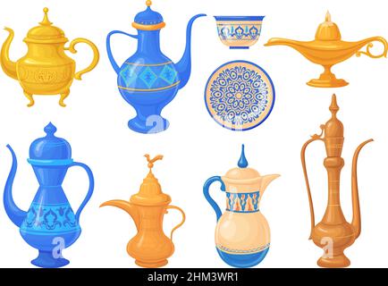 Caraffe arabiche Cartoon. Teiera o ciotola marocchina, lampada antica aladdin con genie, tesoro arabo cucina, caraffa art oro pentola per tè caffè, patrimonio arabo, accurata illustrazione vettoriale Illustrazione Vettoriale