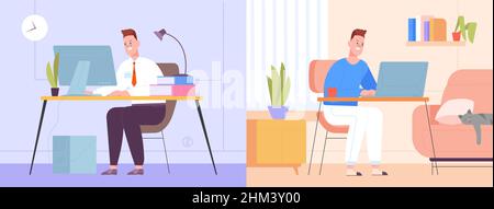 Lavoro ibrido. Lavoro in ufficio separato, lavoro aziendale efficiente azienda dei dipendenti, tempo alternativo per il lavoro a casa, lavoro in posizione flessibile, illustrazione vettoriale. Lavoro ibrido Illustrazione Vettoriale
