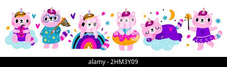 Gatti unicorno carini. Piccoli gattini rosa. Animali magici con corna multicolore. Bacchetta magica e arcobaleno. I personaggi Kawaii dormono sulle nuvole o nuotano Illustrazione Vettoriale