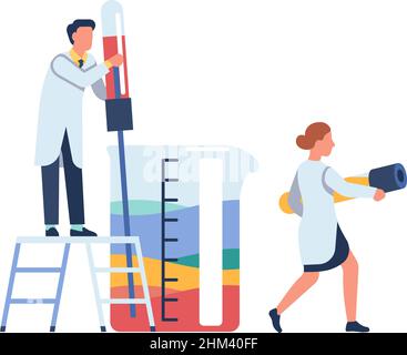 Man miscelazione di prodotti chimici in vetro da laboratorio. Concetto di test scientifico Illustrazione Vettoriale