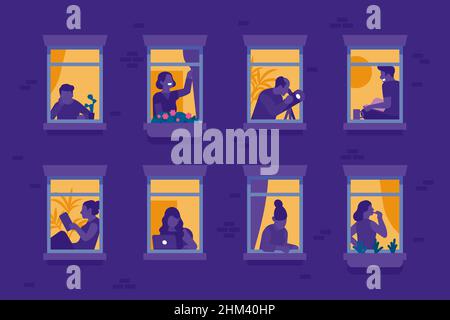 Vicini nelle finestre di notte. Appartamenti serali con diverse silhouette persone. Gli housemates che leggono e guardano attraverso i telescopi. Parete della casa Illustrazione Vettoriale