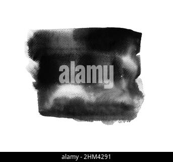 Inchiostro nero lavaggio acquerello sfondo, mano disegnato fumoso umido flusso vernice su carta, pennello tratto isolato su bianco Foto Stock