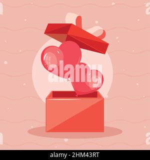 regalo di san valentino con le icone rosse del cuore Illustrazione Vettoriale