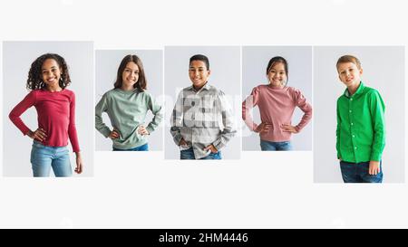 Collage di scatti con diversi Premeen Kids sorridente, sfondo bianco Foto Stock