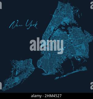 Mappa della città di New York con strade, USA. Illustrazione del vettore di scorta isolata su sfondo blu scuro. Illustrazione Vettoriale