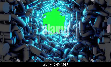 3D illustrazione - tunnel astratto da molti tubi metallici argentati sullo schermo verde Foto Stock