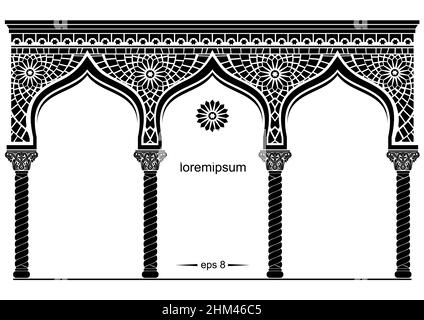 Silhouette della facciata orientale ad arco. Fiaba arco orientale, indiano o arabo, sfondo per copertina, carte di invito. Grafica vettoriale Illustrazione Vettoriale