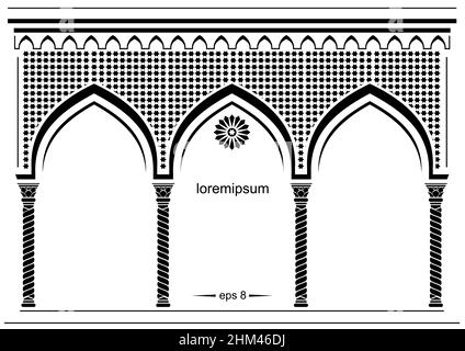 Silhouette della facciata orientale ad arco. Fiaba arco orientale, indiano o arabo, sfondo per copertina, carte di invito. Grafica vettoriale Illustrazione Vettoriale