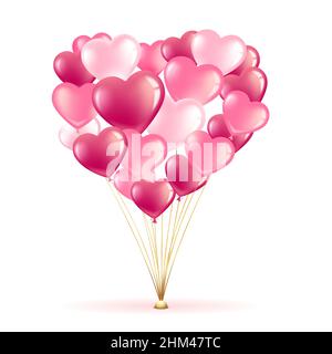 Fascio di palloncini rosa a forma di cuore. Banner biglietto di auguri per San Valentino e Festa Internazionale della Donna. 3D illustrazione vettoriale. Isola Illustrazione Vettoriale