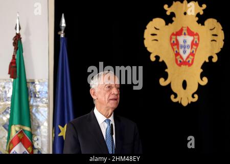 Lisbona, Portogallo. 7th Feb 2022. Il presidente portoghese Marcelo Rebelo de Sousa ha tenuto un discorso durante la cerimonia di benvenuto per il vincitore della squadra nazionale Futsal della UEFA Futsal Euro 2022 al Palazzo Belem di Lisbona, Portogallo, il 7 febbraio 2022. Il Portogallo ha vinto il trofeo UEFA Futsal Euro 2022 dopo aver sconfitto la Russia (4-2) il 6 febbraio ad Amsterdam, Paesi Bassi. (Credit Image: © Pedro Fiuza/ZUMA Press Wire) Foto Stock