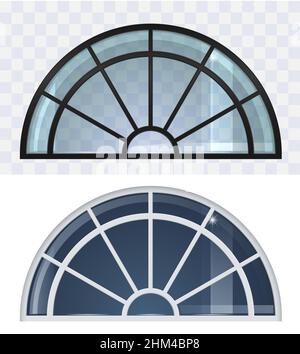 Grande set di finestre a tetto ad arco in bianco e nero. Classica finestra ad arco di legno in stile medievale per la chiesa o il castello. Grafica vettoriale Illustrazione Vettoriale
