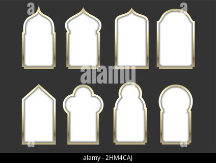Set di diverse finestre o porte ad arco dorate in stile orientale o arabo. Grafica vettoriale per cartoline e icone, copertine. Sfondo per si Illustrazione Vettoriale