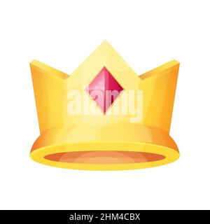 Corona d'oro con gemma rossa asset di gioco, icona in stile cartone animato, premio o premio isolato su sfondo bianco. Clip art medievale illustrazione vettoriale Illustrazione Vettoriale