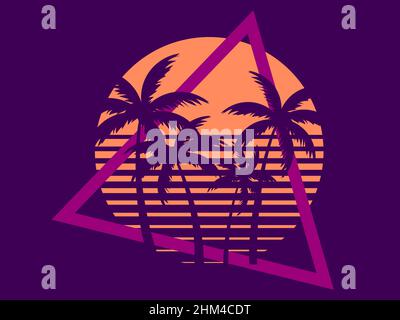 80s palme fantascientissime retrò al tramonto. Retro futuristico sole con palme. Ora legale. Stile Synthwave e retrofwave. Design per la pubblicità broc Illustrazione Vettoriale