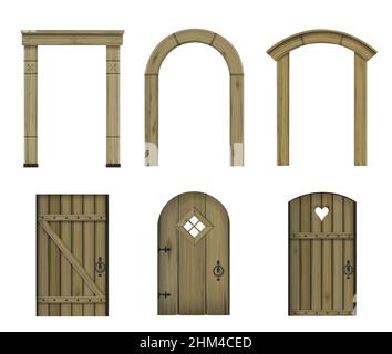 Set di texture di porte vintage in legno .grafica vettoriale. Porte e ingressi medievali incorniciati Illustrazione Vettoriale