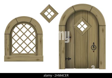 Antica porta in legno ad arco fantasy gotico scandinavo. Grafica vettoriale. L'antica capanna. Texture Illustrazione Vettoriale