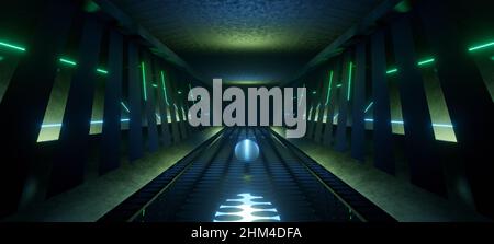 Fantascienza lucente luci al neon scuro Blu Verde futuristico incandescente colonne triangoli in cemento Grunge vuota spazio tunnel virtuale Cyber laser 3D Illust Foto Stock